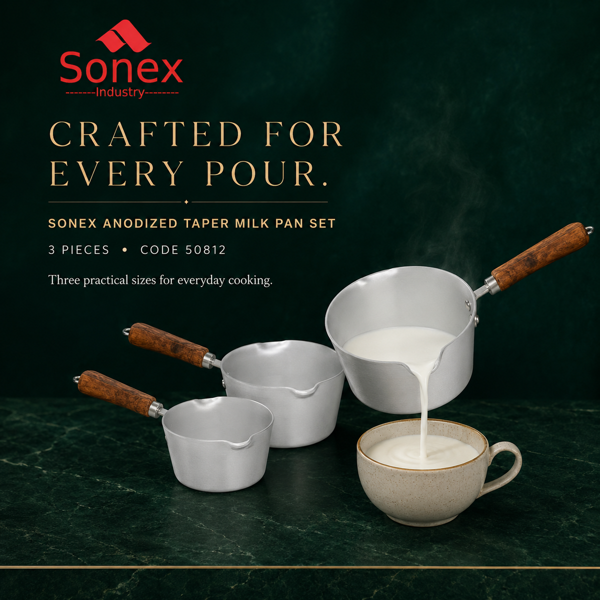 Sonex Anodized Taper Milk Pan Set – 3 Pieces