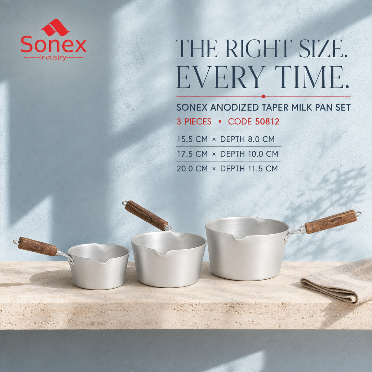 Sonex Anodized Taper Milk Pan Set – 3 Pieces