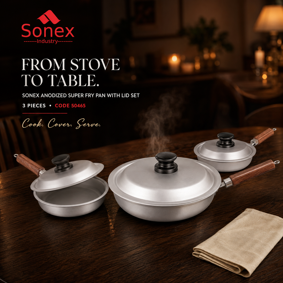 Sonex Anodized Fry Pan Set with Lids – 3 Pieces