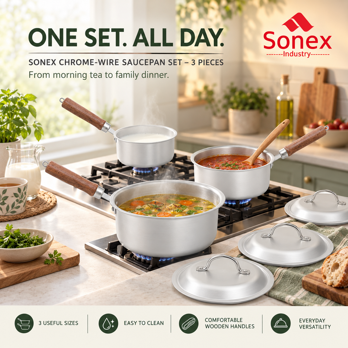 Sonex Chrome-Wire Saucepan Set – 3 Pieces