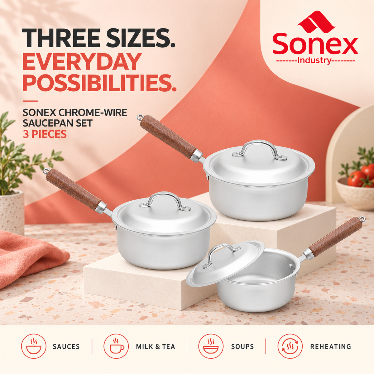 Sonex Chrome-Wire Saucepan Set – 3 Pieces