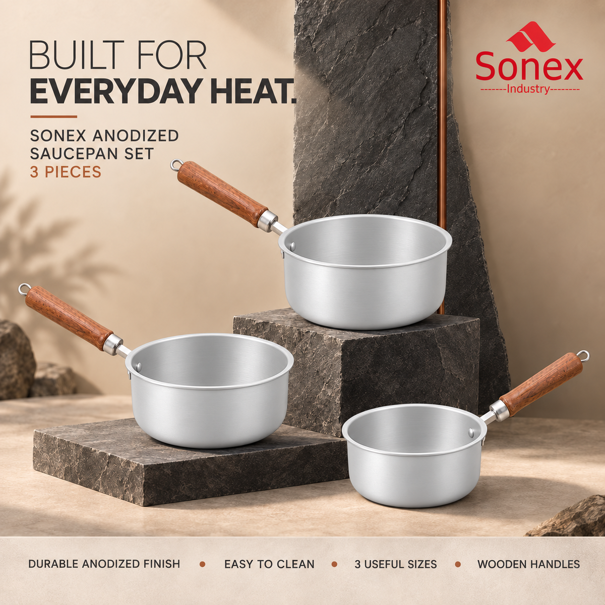 Sonex Anodized Saucepan Set – 3 Pieces