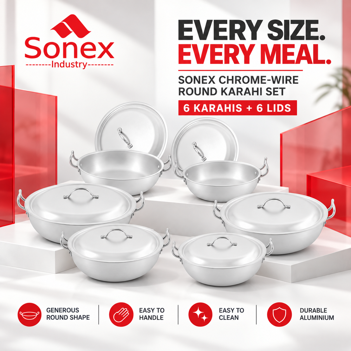 Sonex Chrome-Wire Round Karahi Set – 6 Pieces