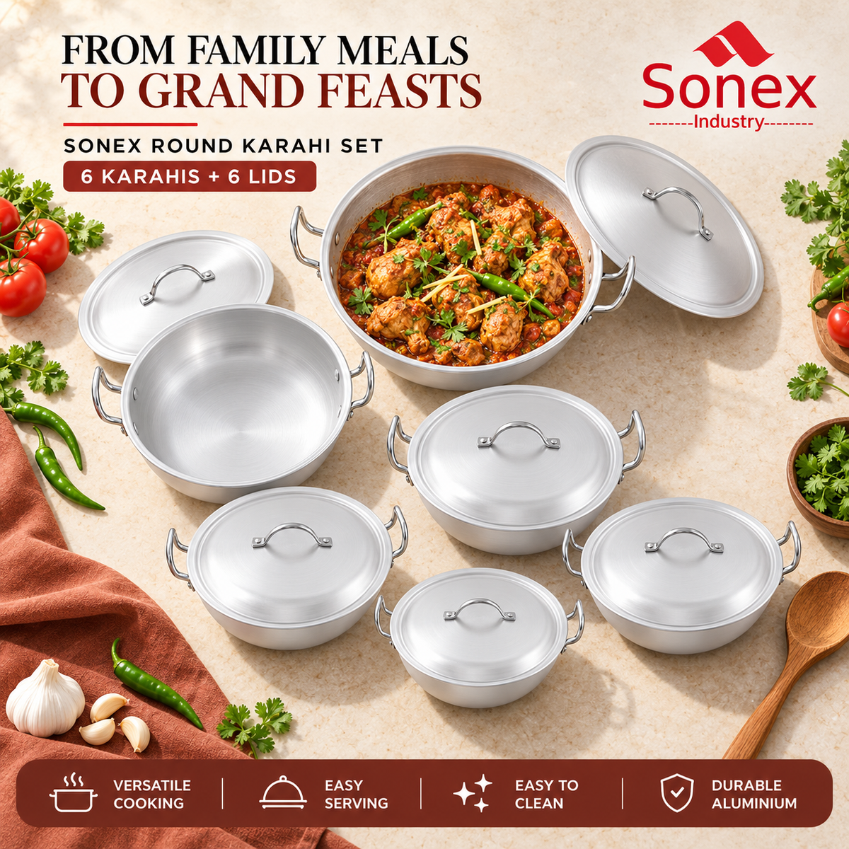 Sonex Chrome-Wire Round Karahi Set – 6 Pieces