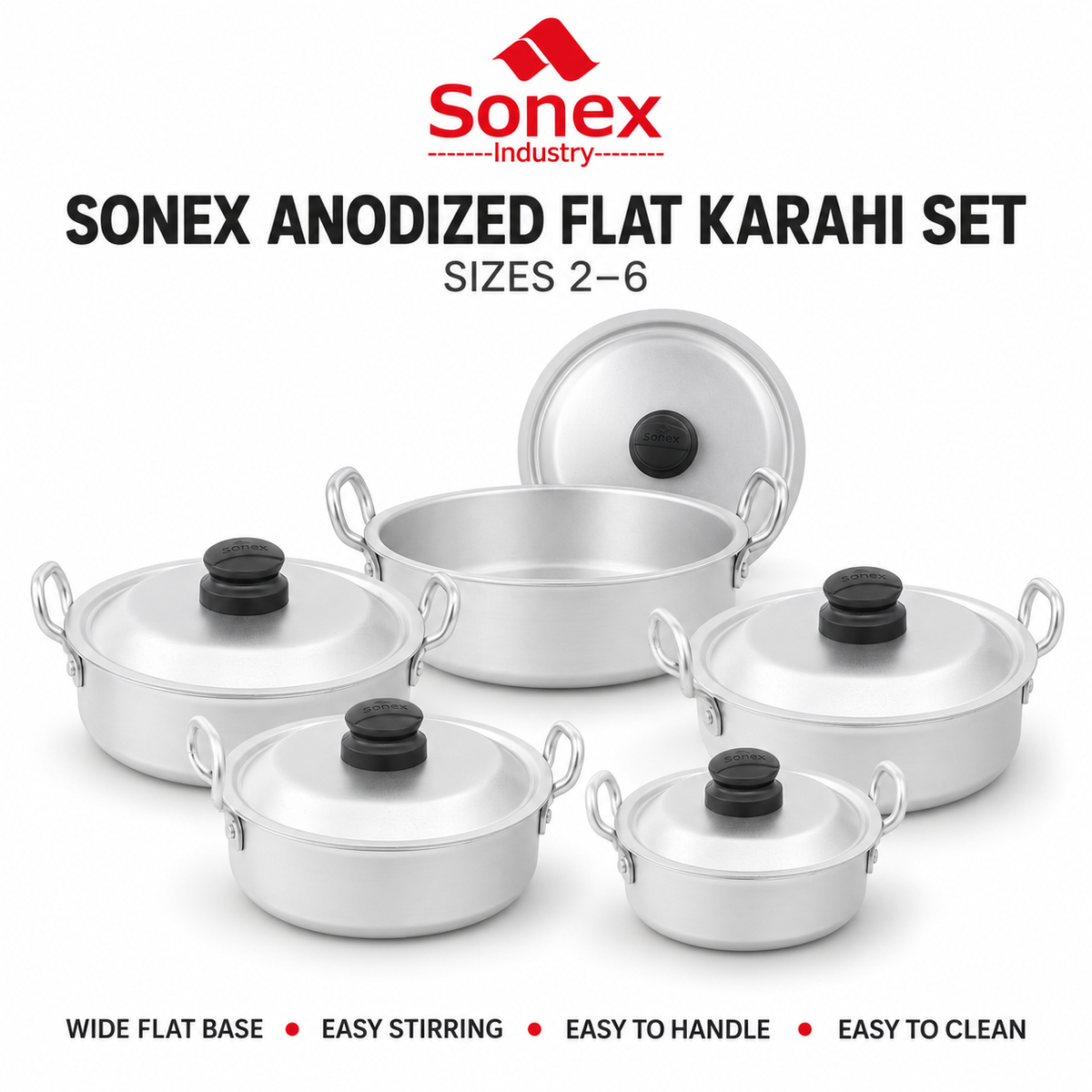 Sonex Anodized Flat Karahi Set 2–6