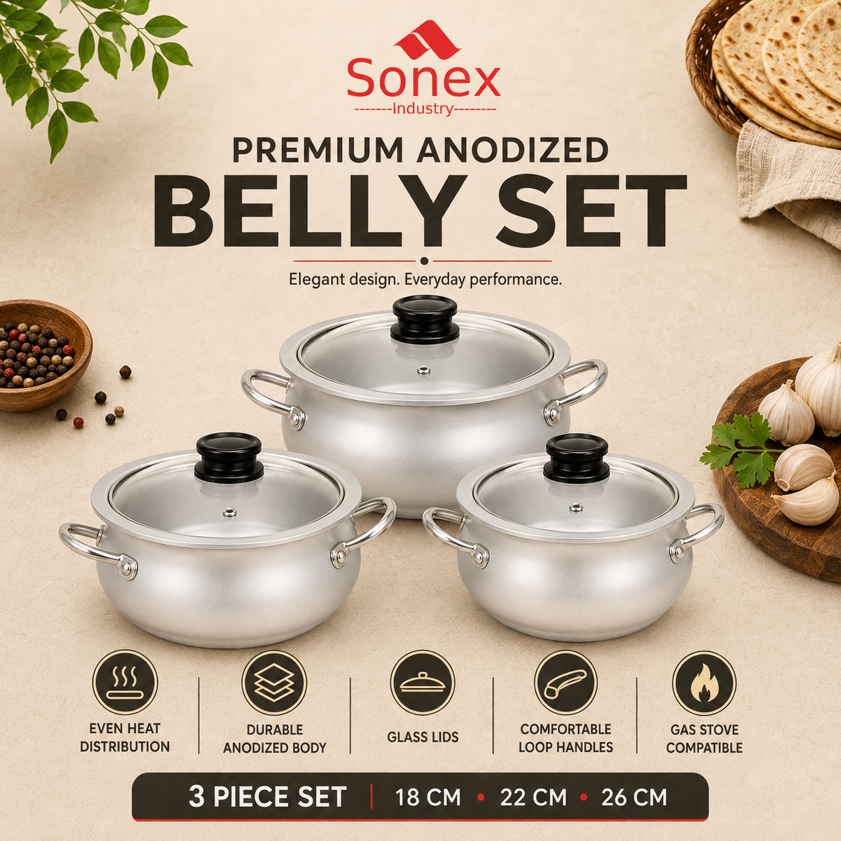 Sonex Anodized Belly Set GL – 18/22/26 cm