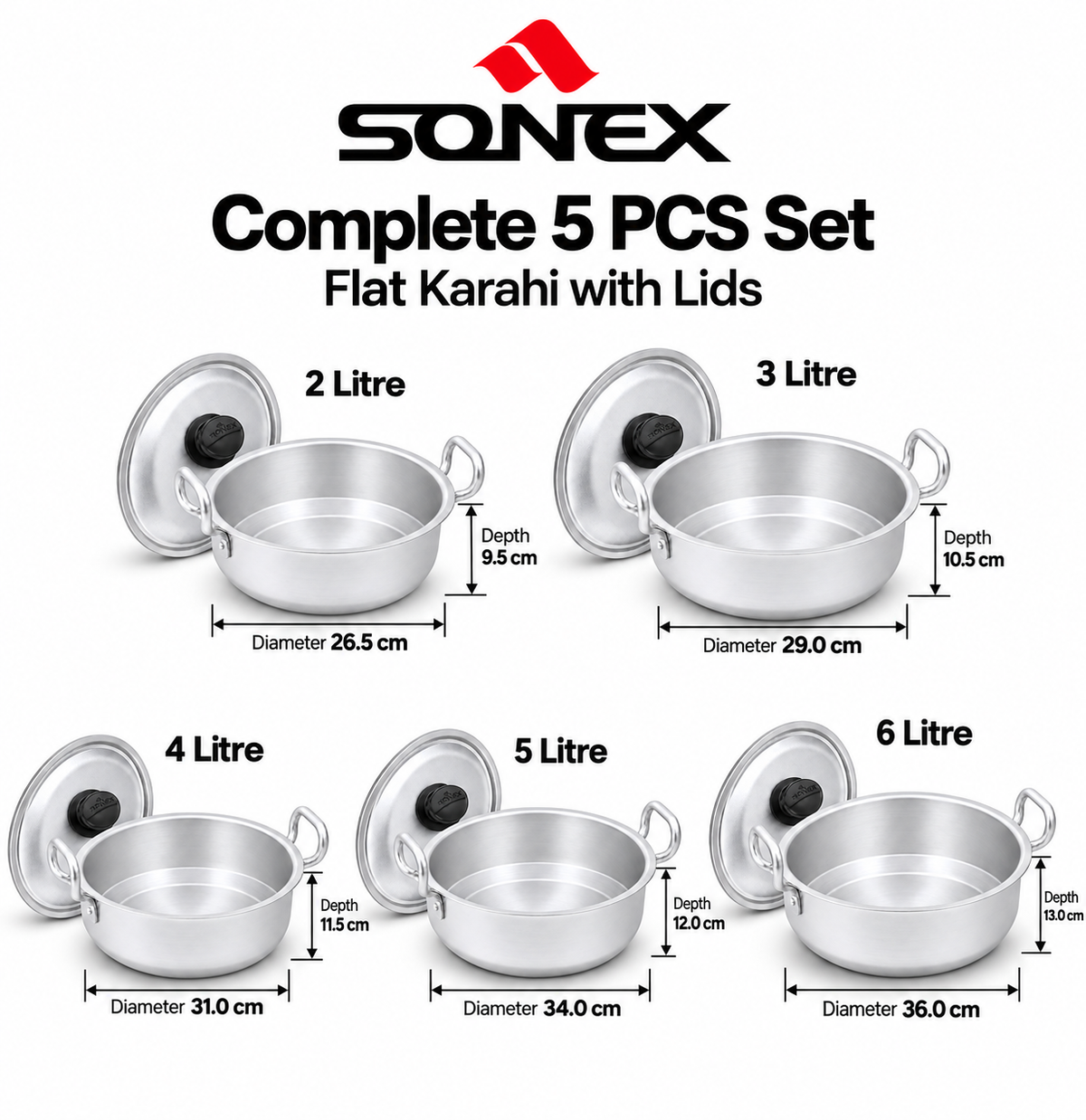 Sonex Anodized Flat Karahi Set 2–6