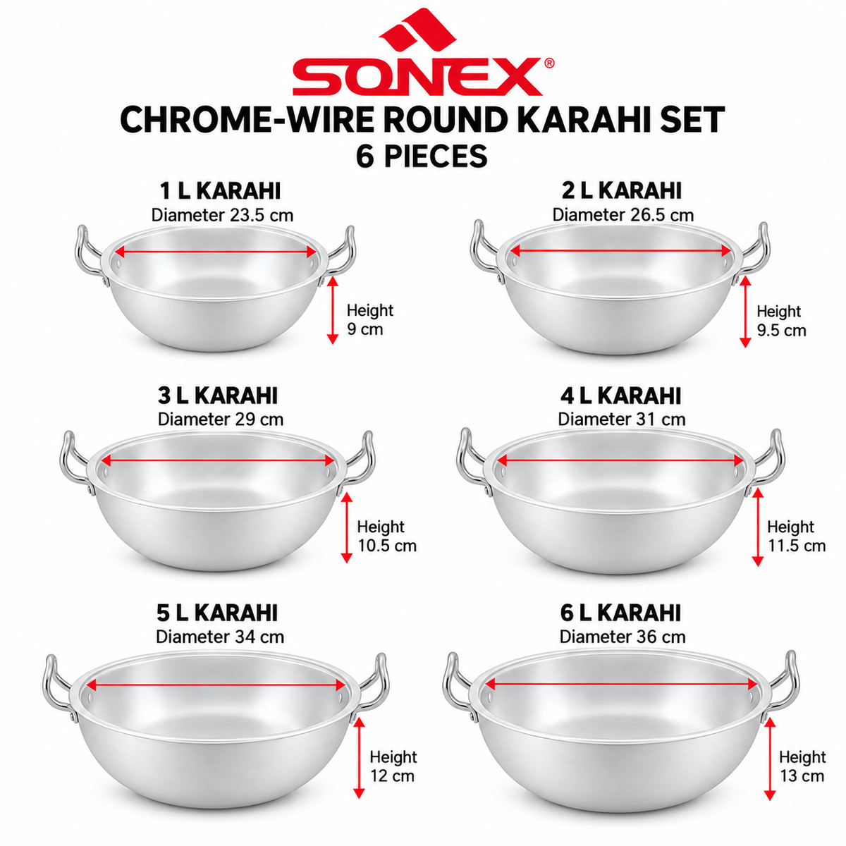 Sonex Chrome-Wire Round Karahi Set – 6 Pieces
