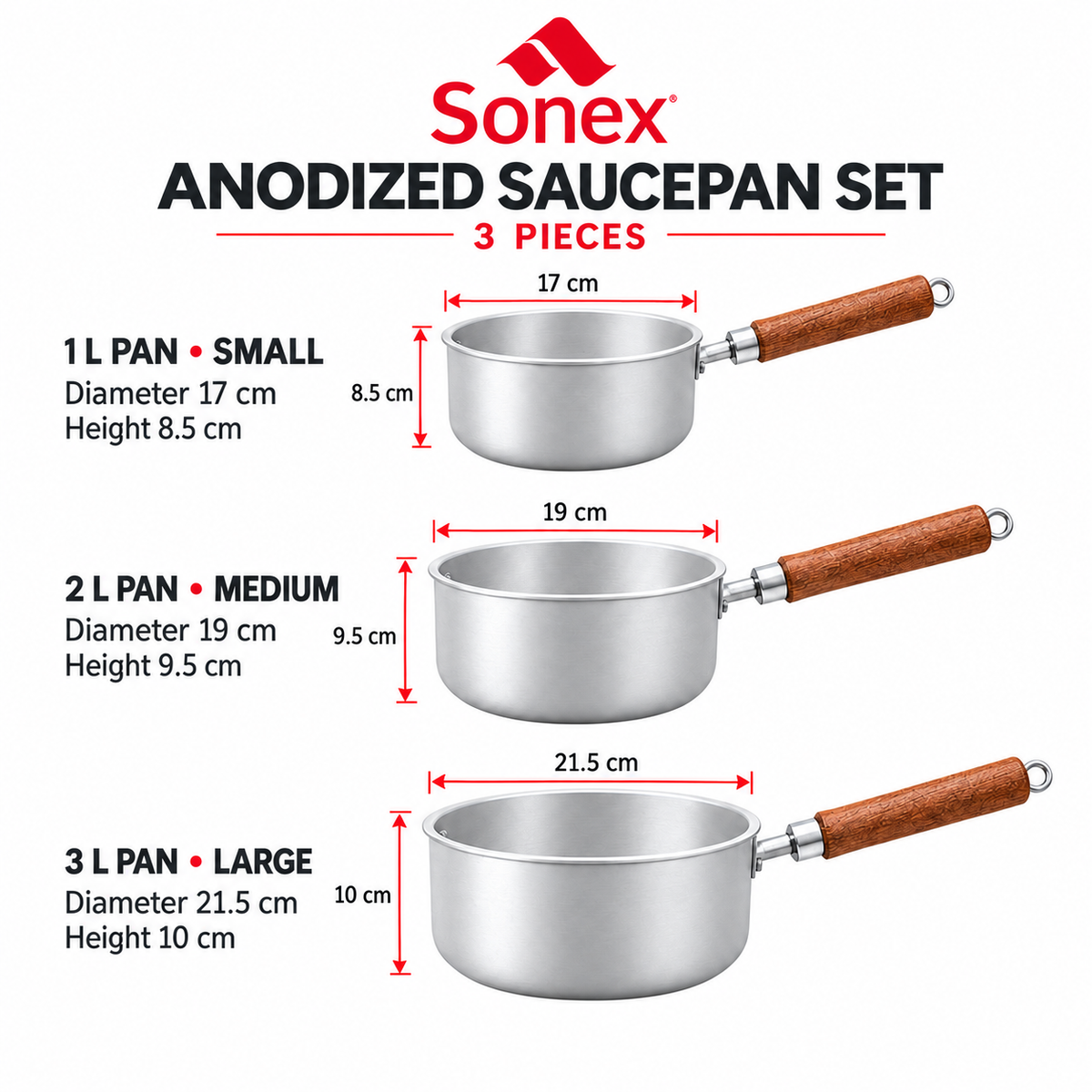 Sonex Anodized Saucepan Set – 3 Pieces