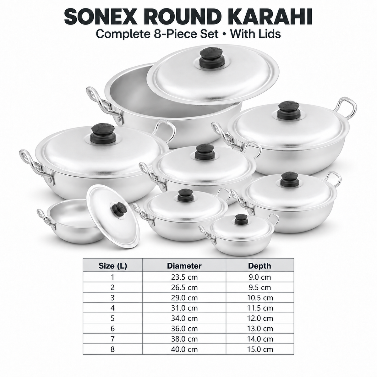 Sonex Anodized Round Karahi Set 1–8